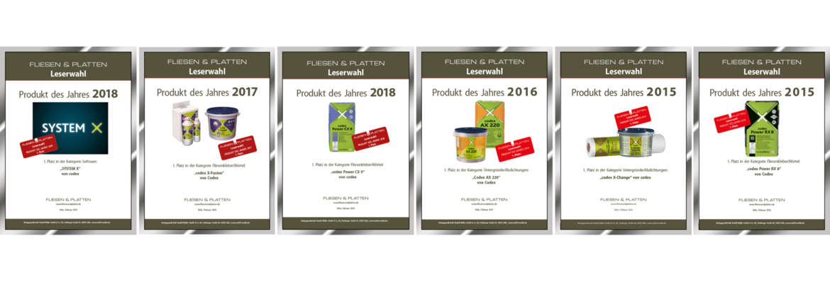 Übersicht der codex Gewinnerprodukte bei der Fliesen und Platten Leserwahl